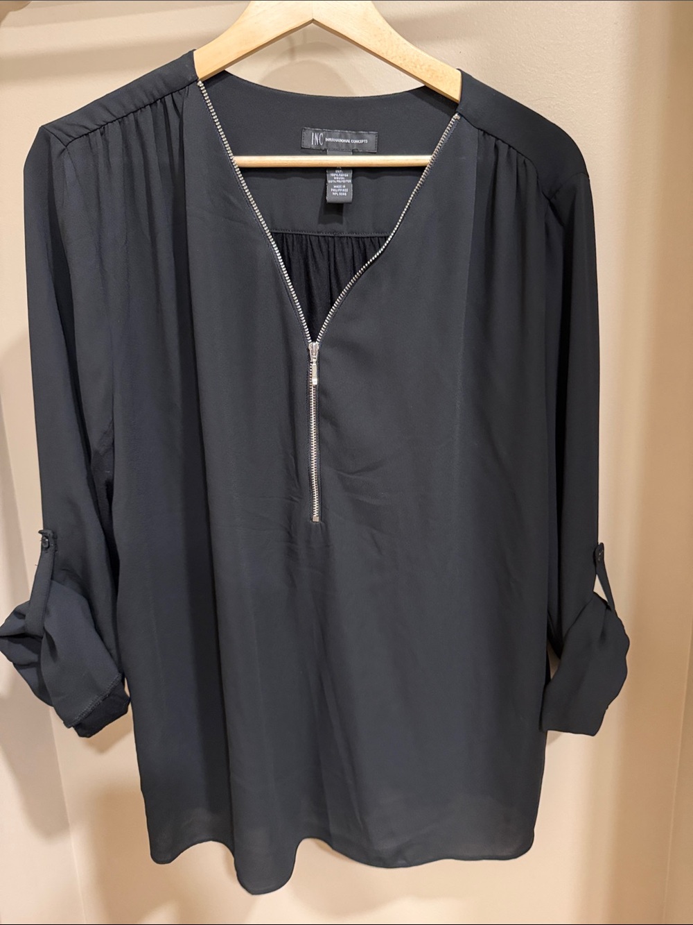 INC International Concepts Black Zip-Front Tunic Blouse